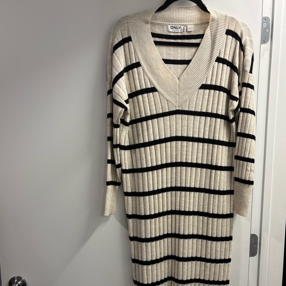 Only Beige and Black Ribbed Long Sleeve Dress